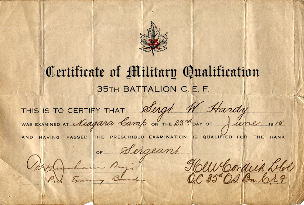 This certificate shows that Sergeant W. Hardy is officially a Sergeant as of June 23, 1915